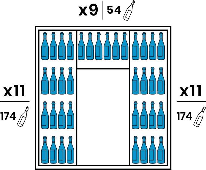 Chaque coté est équipé de 11 grandes clayettes bois. Le Fond est équipé de 9 petites clayettes bois. La teinte du bois est identique à la finition extérieure. Capacité 402 bouteilles