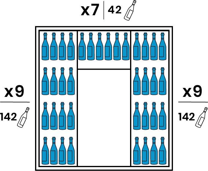 Chaque coté est équipé de 9 grandes clayettes inox. Le Fond est équipé de 7 petites clayettes inox. Capacité 326 bouteilles