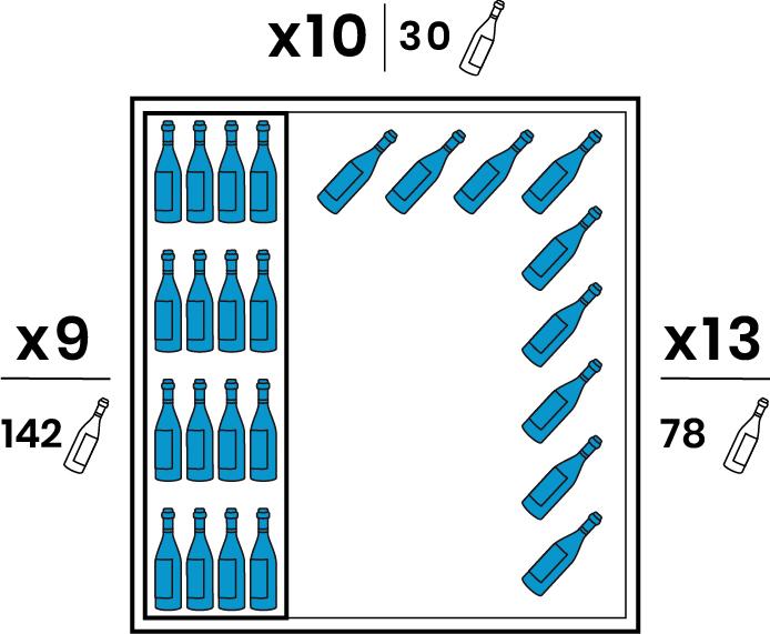 Un coté est équipé de 9 grandes clayettes plexiglas transparentes. L'autre coté est équipé de 6 supports suspendus chromés de 13 bouteilles et le Fond de 3 supports suspendus de 10 bouteilles. Capacité 250 bouteilles