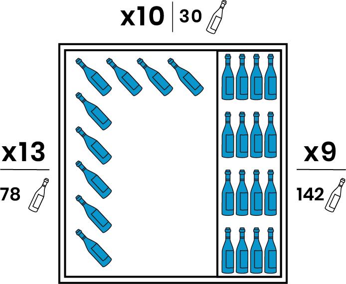 Un coté est équipé de 9 grandes clayettes inox. L'autre coté est équipé de 6 supports suspendus chromés de 13 bouteilles et le Fond de 3 supports suspendus de 10 bouteilles. Capacité 250 bouteilles