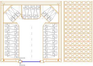 L’agencement intérieur est réalisé en sapin avec une étagère par niveau de bouteilles, ce qui permet de stocker 500 bouteilles de bordeaux ou 490 bouteilles de bourgogne 