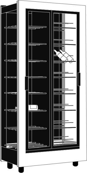 Toutes les parties métalliques internes (montants, séparation centrale, supports de bouteilles) et externes (cadres de portes, poignées, flancs) sont peintes en noir mat. Selon modèle, certaines pièces (vis, équerres) peuvent conservées en inox