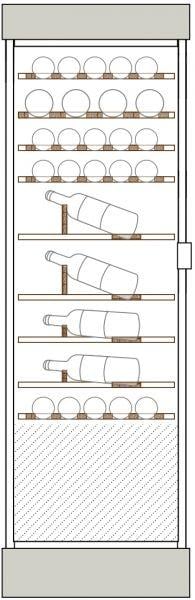Clayettes bois de haut en bas : Magnums et bouteilles 75cl horizontaux parallèles aux portes sur 1 et 2 niveaux, puis bouteilles 75cl, simple profondeur, en présentation inclinée sur 3 niveaux, puis perpendiculaire aux portes sur 3 niveaux.