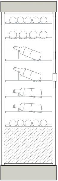 Clayettes inox de haut en bas : Magnums et bouteilles 75cl horizontaux parallèles aux portes sur 1 et 2 niveaux, puis bouteilles 75cl, simple profondeur, en présentation inclinée sur 2 niveaux, puis perpendiculaire aux portes sur 2 niveaux.