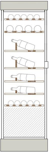 Clayettes bois de haut en bas : Magnums et bouteilles 75cl horizontaux parallèles aux portes sur 1 et 2 niveaux, puis bouteilles 75cl, simple profondeur, en présentation inclinée sur 2 niveaux, puis perpendiculaire aux portes sur 2 niveaux.