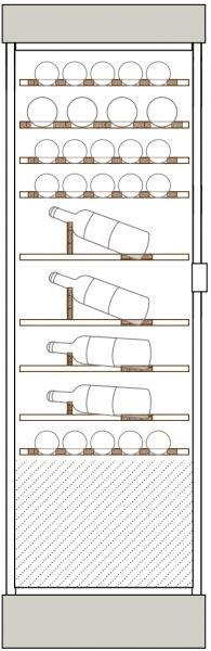 Clayettes bois de haut en bas : Magnums et bouteilles 75cl horizontaux parallèles aux portes sur 1 et 2 niveaux, puis bouteilles 75cl, simple profondeur, en présentation inclinée sur 3 niveaux, puis perpendiculaire aux portes sur 3 niveaux.