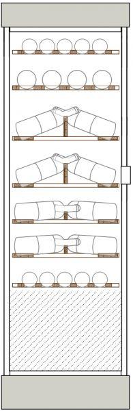 Clayettes bois de haut en bas : Magnums et bouteilles 75cl horizontaux parallèles aux portes sur 1 et 2 niveaux, puis bouteilles 75cl, double profondeur, en présentation inclinée sur 2 niveaux, puis perpendiculaire aux portes sur 2 niveaux.