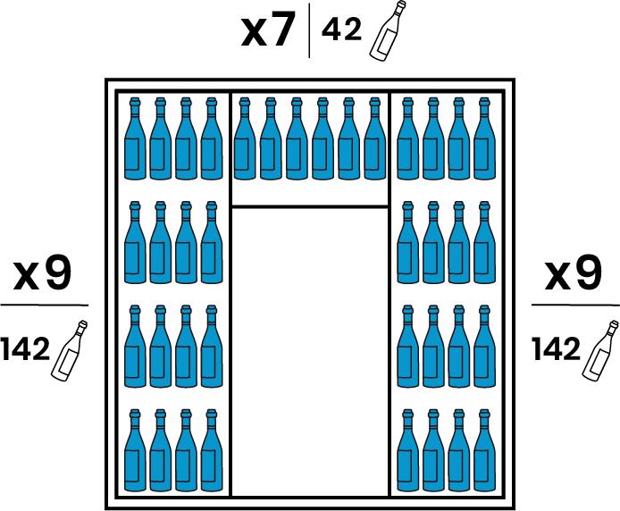 Chaque coté est équipé de 9 grandes clayettes plexiglas transparentes. Le Fond est équipé de 7 petites clayettes plexiglas transparentes. Capacité 326 bouteilles