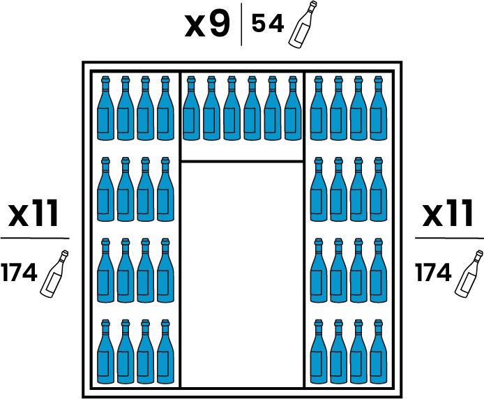 Chaque coté est équipé de 11 grandes clayettes inox. Le Fond est équipé de 9 petites clayettes inox. Capacité 402 bouteilles