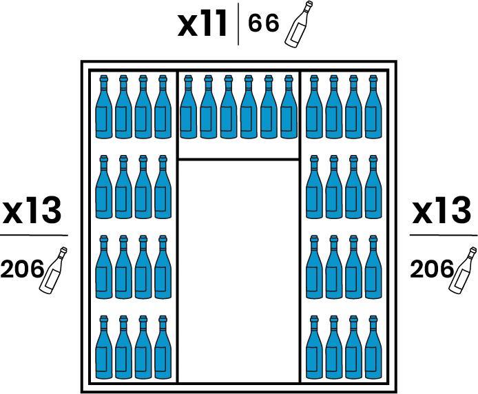 Chaque coté est équipé de 13 grandes clayettes inox. Le Fond est équipé de 11 petites clayettes inox. Capacité 478 bouteilles