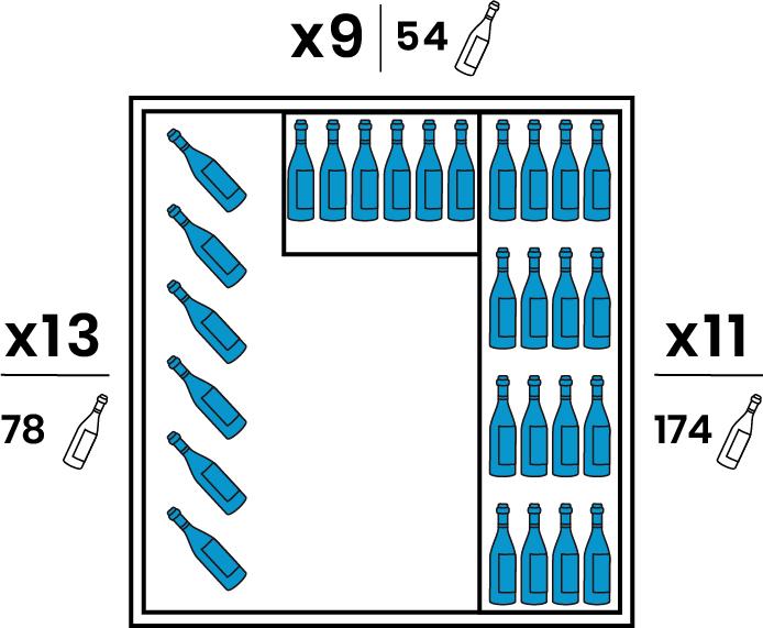 Un coté est équipé de 6 supports suspendus chromés de 13 bouteilles. L'autre coté est équipé de 11 grandes clayettes bois. Le Fond est équipé de 9 petites clayettes bois. Teinte du bois identique à la finition extérieure. Capacité 306 bouteilles