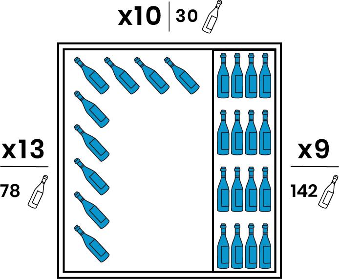 Un coté est équipé de 9 grandes clayettes bois. Teinte du bois identique à la finition extérieure. L'autre coté est équipé de 6 supports suspendus chromés de 13 bouteilles et le Fond de 3 supports suspendus de 10 bouteilles. Capacité 250 bouteilles