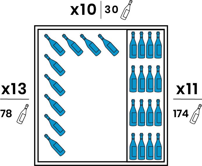 Un coté est équipé de 11 grandes clayettes inox. L'autre coté est équipé de 6 supports suspendus chromés de 13 bouteilles et le Fond de 3 supports suspendus de 10 bouteilles. Capacité 282 bouteilles