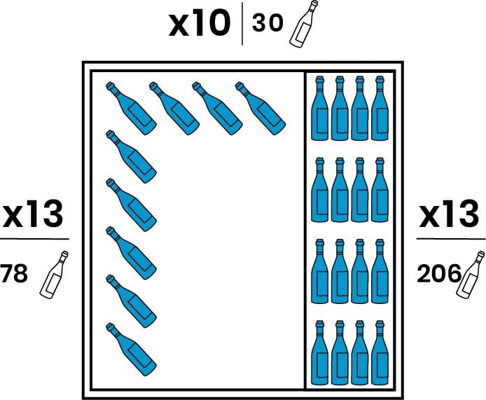 Un coté est équipé de 13 grandes clayettes inox. L'autre coté est équipé de 6 supports suspendus chromés de 13 bouteilles et le Fond de 3 supports suspendus de 10 bouteilles. Capacité 314 bouteilles
