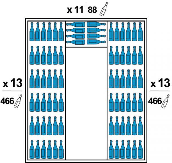 Chaque coté est équipé de 13 grandes clayettes bois. Le Fond est équipé de 11 petites clayettes bois. La teinte du bois est identique à la finition extérieure. Capacité 1020 bouteilles