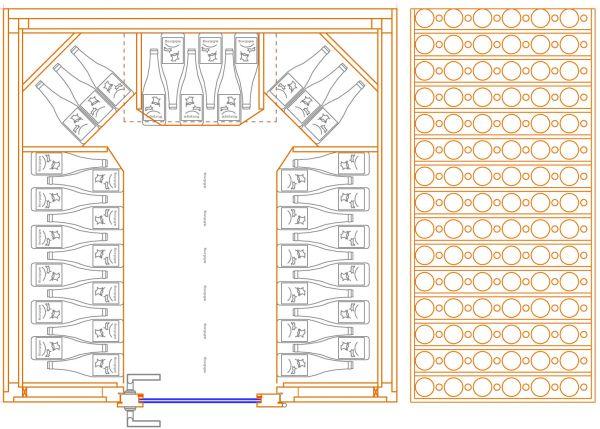 L’agencement intérieur est réalisé en sapin avec une étagère par niveau de bouteilles, ce qui permet de stocker 500 bouteilles de bordeaux ou 490 bouteilles de bourgogne 