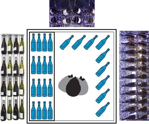 Le coté droit et le fond sont équipés de supports de bouteilles chromés suspendus. Le coté gauche est équipé de clayettes horizontales en bois, plexiglas ou inox.